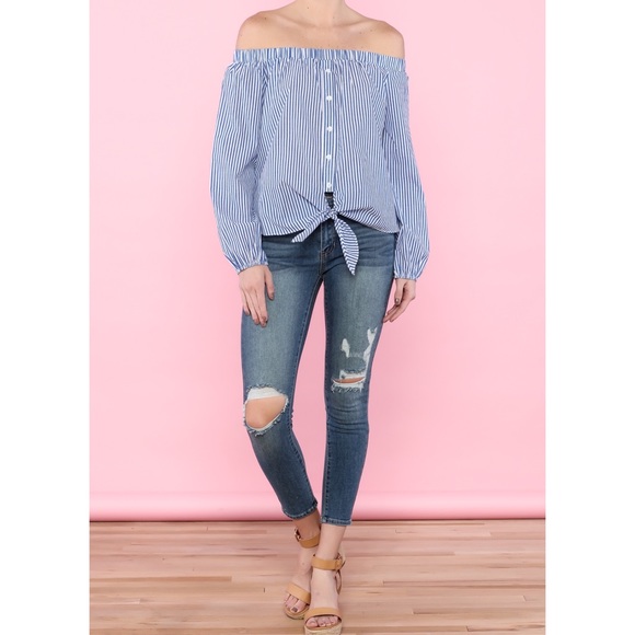 DO+BE | Blue Striped Off-Shoulder Top | size M - Picture 9 of 10